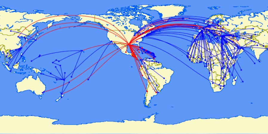 International flights from Houston to the rest of the globe.