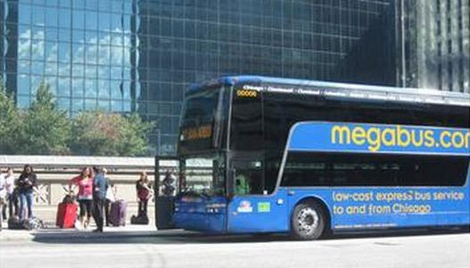 (Photo by the author) Megabus double-decker at the Canal Street loading area in Chicago.