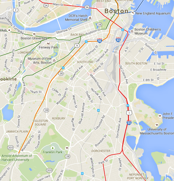 Boston’s T reaches both Dorchester and Jamaica Plain, but a bus is by far the easiest way to get from one to the other on transit. Credit: Google Maps