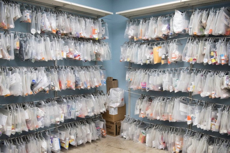 Bags of medication hang in Haven for Hope's medical-storage room. MATTHEW BUSCH