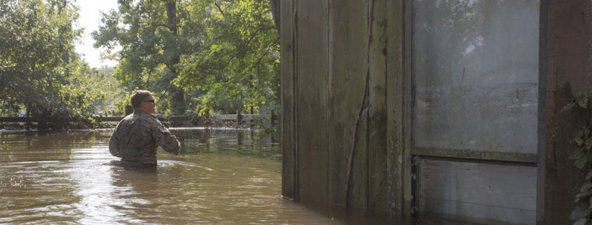 West Orange, Texas - WEST ORANGE, Texas – U.S. Marine Corps Sgt. Austin Rusk a reconnaissance Marine team leader with Charlie Company, 4th Reconnaissance Battalion, 4th Marine Division, Marine Forces Reserve, wades through waist deep flood water in order to get to a second story door to complete an emergency rescue call in West Orange, Texas, Sept. 1, 2017. Marine Corps Reserve forces are supporting FEMA and state and local officials, focused on life-saving efforts and resupply missions in the aftermath of Hurricane Harvey. (U.S. Marine Corps photo by Pfc. Samantha Schwoch/Released)