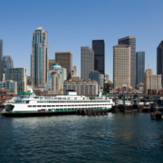 Seattle Ferry shown against downtown skyline