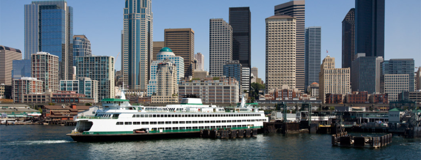 Seattle Ferry shown against downtown skyline