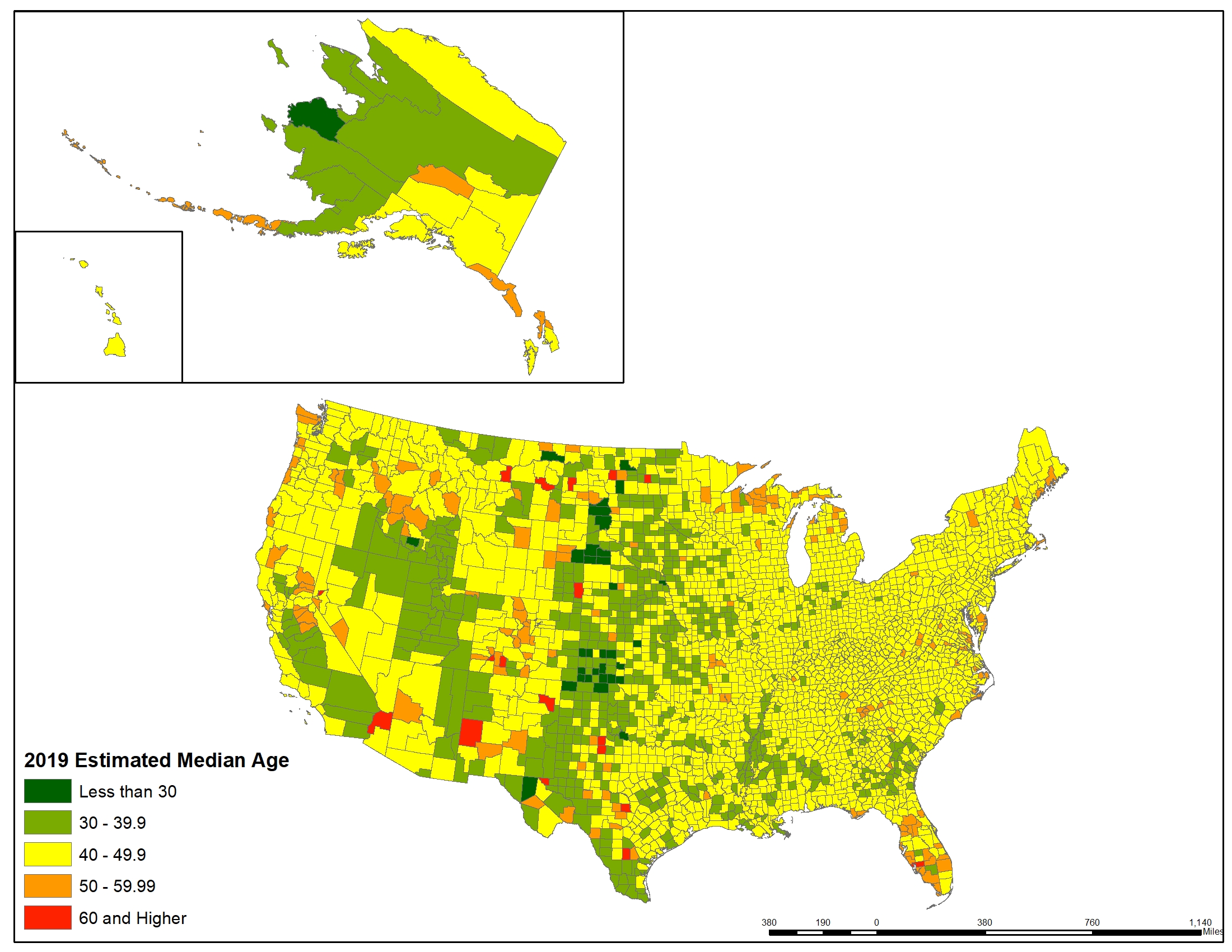 Median Age Map of USA Counties