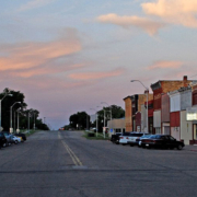 Small businesses on street in small town