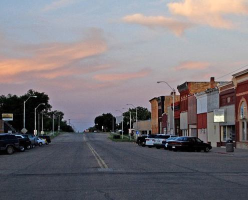 Small businesses on street in small town