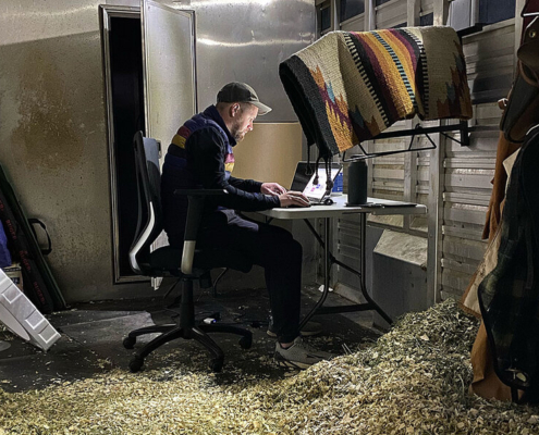 working remotely in a horse trailer, January 2021